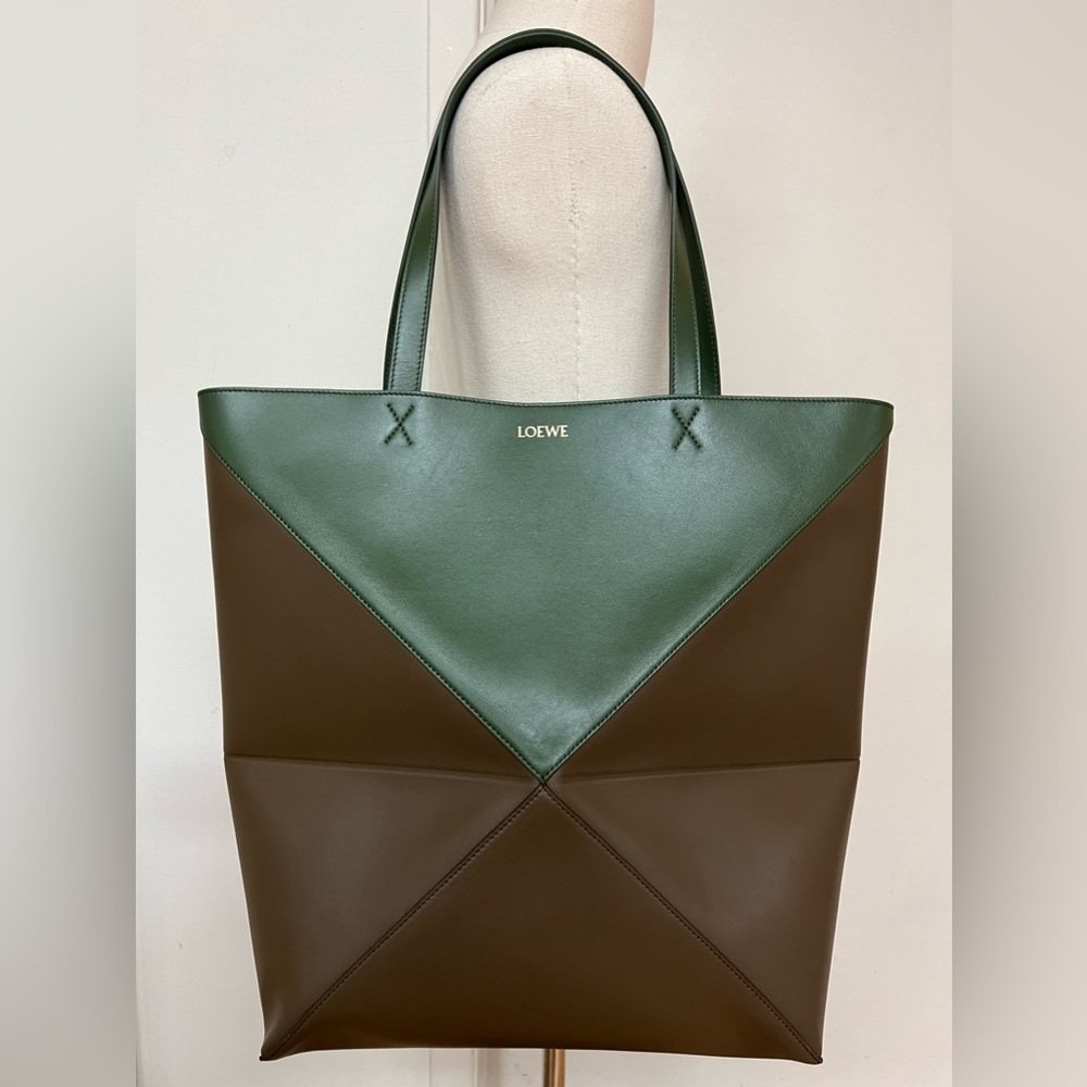 LOEWE LARGE PUZZLE FOLD TOTE UMBER/DARK KHAKI GREEN.   NWT